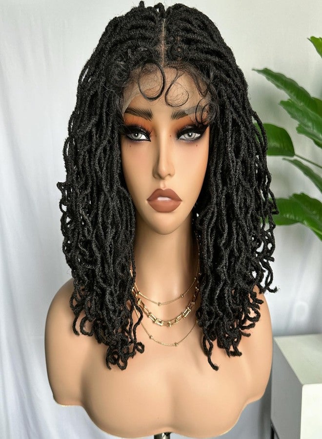 سوكو شعر مستعار SOKU Curly Faux Locs Lace Frontal Wigs بطول 14 بوصة، أسود طبيعي، 4x4، شعر مستعار قصير مزدوج الدانتيل للنساء ذوات البشرة السمراء، شعر مستعار صناعي مضفر على شكل ضفائر أفرو مجعدة - Image 1